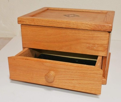 Handmade Wooden Oak 2-tiered Jewelry Box with Inlay signed 8''x10''x7''