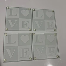 KATE ASPEN SQUARE COASTERS LOVE HEART DESIGN GLASS SET OF 4 BAR KITCHEN DECOR