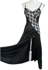 Vtg Negligee Maxi Nightgown ValMode Daring Lace Bodice Hi Slit Black S XS 28 30