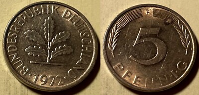 Germany 1972 F 5 Pfennig KM-107 Brass clad steel XF+ #8 US Seller