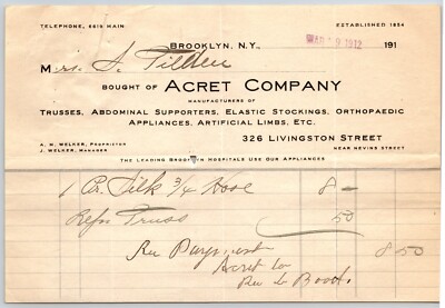 Acret Company Artificial Limbs Trusses Brooklyn 1912 Billhead Scarce