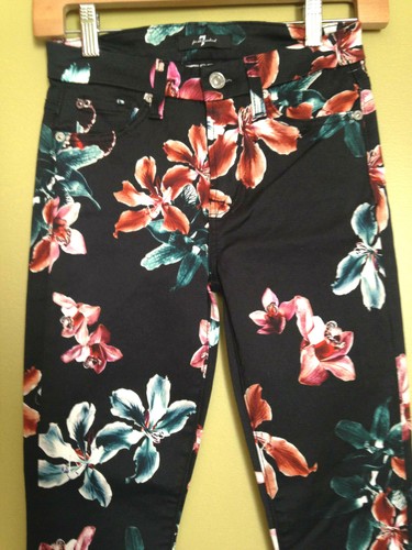 NEW Seven 7 for all Mankind Tropical Floral Print Black Ankle Skinny Jeans 24 0 - Picture 2 of 12