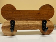 Dog Leash 2 Metal Hooks Wall Plaque Collar Holder Solid Wood Bone Shaped EUC