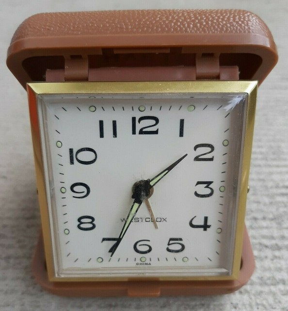 Vintage WESTCLOX mini Travel Alarm clock in tan / light brown case eBay