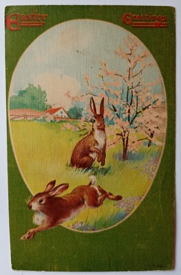 Easter Greetings Two Bunnies in the Field Antique Posted Postcard 1909 Undivided