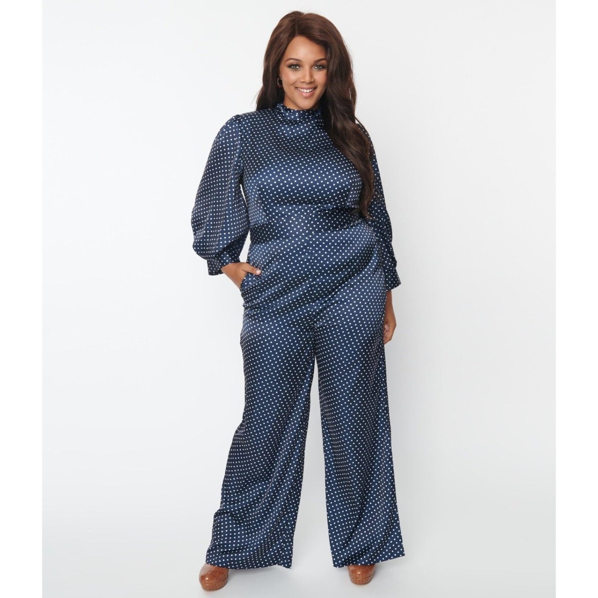 Timeless London Plus Size Navy White Polka Dot Jumpsuit Pockets - Main Image