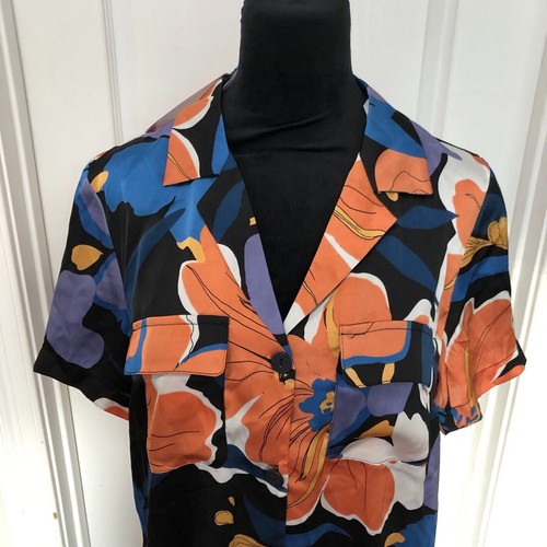 Blusa DR2 Mujer M Multicolor Floral Cuello Manga Corta Abotonada Top Nueva con Etiquetas - Imagen 4 de 11