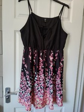 18 20 Dress Lace Up Bust Black Floral Skater Tie Low Cut