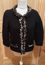 Chicos Knit Jacket Leopard Ruffle Trim Cardigan Hook Eye Closure Size 1 Medium