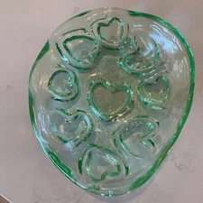 Fire and Light recycled glass celery green hearts puka bowl collector rare