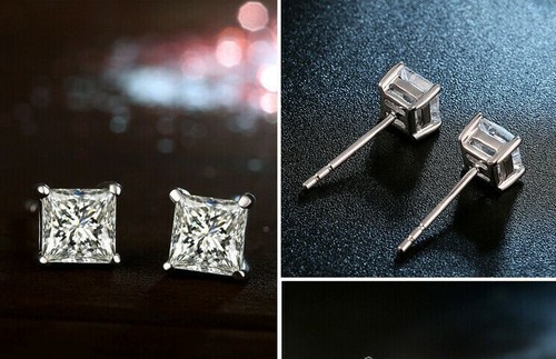 STERLING SILVER CT DIAMOND MENS LADY KID PRINCESS CUT SQUARE SOLID STUD EARRINGS - Picture 2 of 7