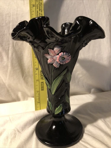 Fenton Vase Black With Flowers Ruffled Top NO ORGINAL BOX