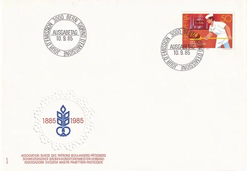 SWITZERLAND 1985 3 FDC, SWISS RADIO INTL 50TH ANNIV, BAKERS FEDERATION, PTTI ANN