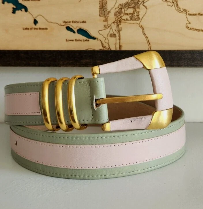 Cinto de ferragens vintage Carlisle couro genuíno listra rosa/verde dourado tamanho P-M - Imagem 2 de 4
