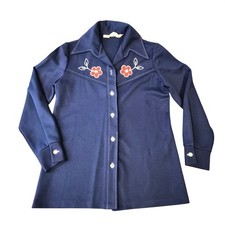 Vintage JCPenney Fashions Navy Blue Floral Embroidered 70s Polyester Shirt 10