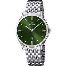 Festina F167445 Mens Silver Stainless Steel Green Analog Dial Quartz Watch 39 mm