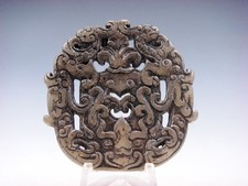 Old Nephrite Jade Stone 2-Side Carved Pendant 2 Phoenix & Monster Head #03182303