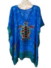 V-Neck Women’s Short Blue Relaxed Oversized Turtle Print Swim Cover-up