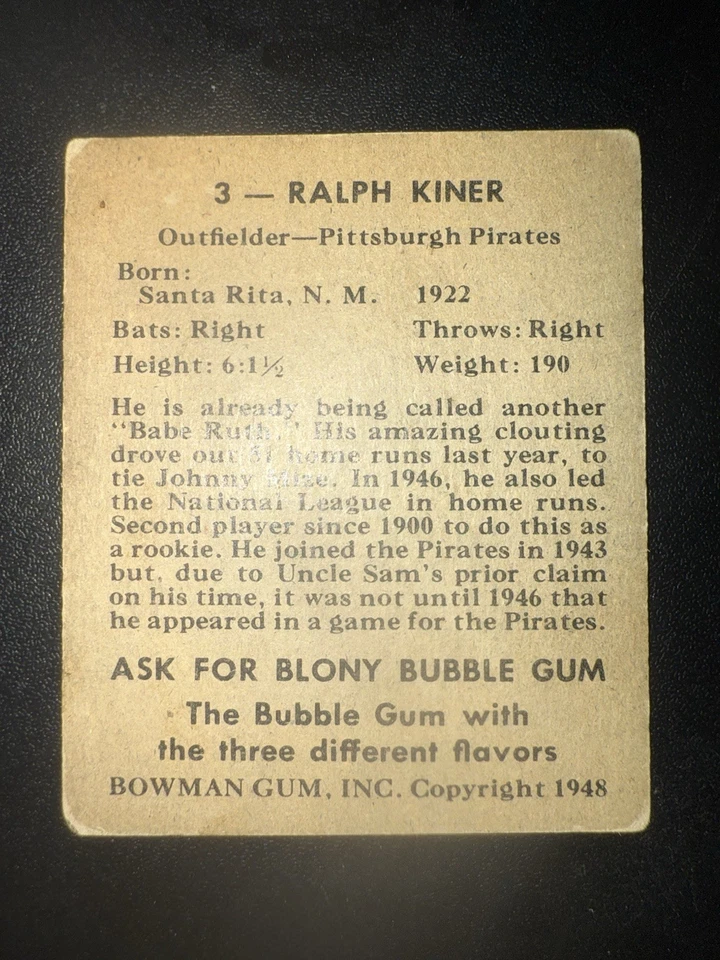 1948 年 Bowman Ralph Kiner #3 (RC) 匹兹堡海盗队新秀卡名人堂 — 第 2/4 张图片