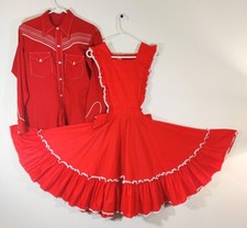 Vintage SQUARE DANCE Set DRESS & SHIRT Red Apron Style Rockabilly Sm Med Lg
