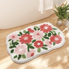 Absorbent Bath Rugs Mat Extra Thick NonSlip Plush Pink Flowers 16x24 Inch