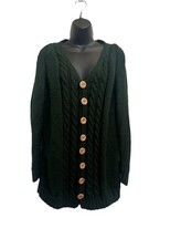 Vintage Green Chunky Cable Hand Knit Cardigan Sweater Fisherman Size M/L