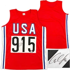 SALE! Team USA Carl Lewis Signed Red, White and Blue Jersey Beckett Witness