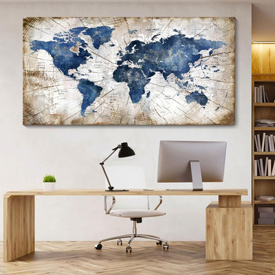 Navy Abstract World Map Canvas Art for Home & Office Decor 29x58in