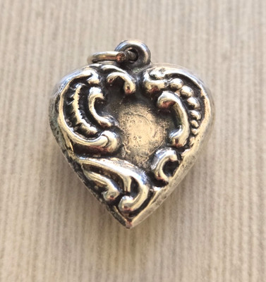 VTG 40s Puffy Heart Charm ~ Repousse 3d Front ~ Marked Sterling