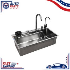 80cm Stainless Steel Sink Waterfall Faucet Kitchen Basin Anti-Fingerprint Black