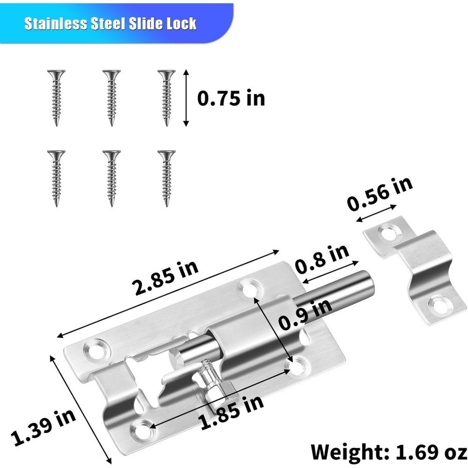 Stainless Steel 3 Inch Bolt Latch 2 Pack Slide Lock for Interior Doors ...