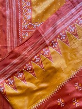Sari / Saree Art Silk Fabric Patola Ikat Print Orange Gold Upcycle Sewing 5 Yds