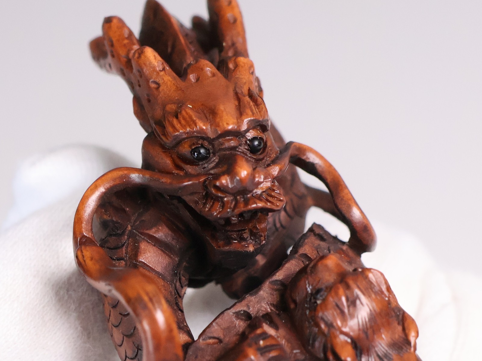 Japanese Wood Carving Dragon&Tiger Netsuke 2.24inch Ojime Figurine By Yamaguchi