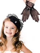 2 Pcs Girls Tea Party Fascinators Hats with Lace Gloves Funeral Veil Hat Black