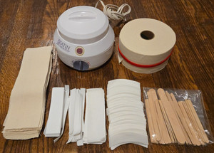 SATIN SMOOTH Single Wax Warmer . Hand-cut Muslin Strips . Partial Roll . Sticks