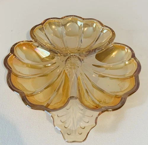 VTG Depression Carnival Glass Iridescent Marigold Gold 3 Leaf Clover Candy Dish