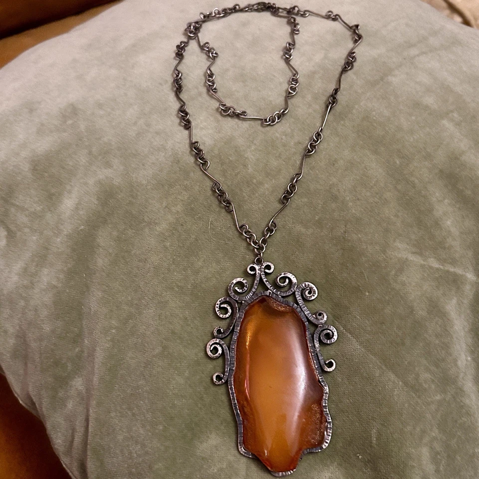 Antiguo collar llamativo ámbar báltico con cadena de plata hecha a mano Foto 2 de 4