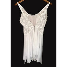 Vtg 90s White Babydoll Lingerie L Lace Sheer Handkerchief Hem Bridal Coquette