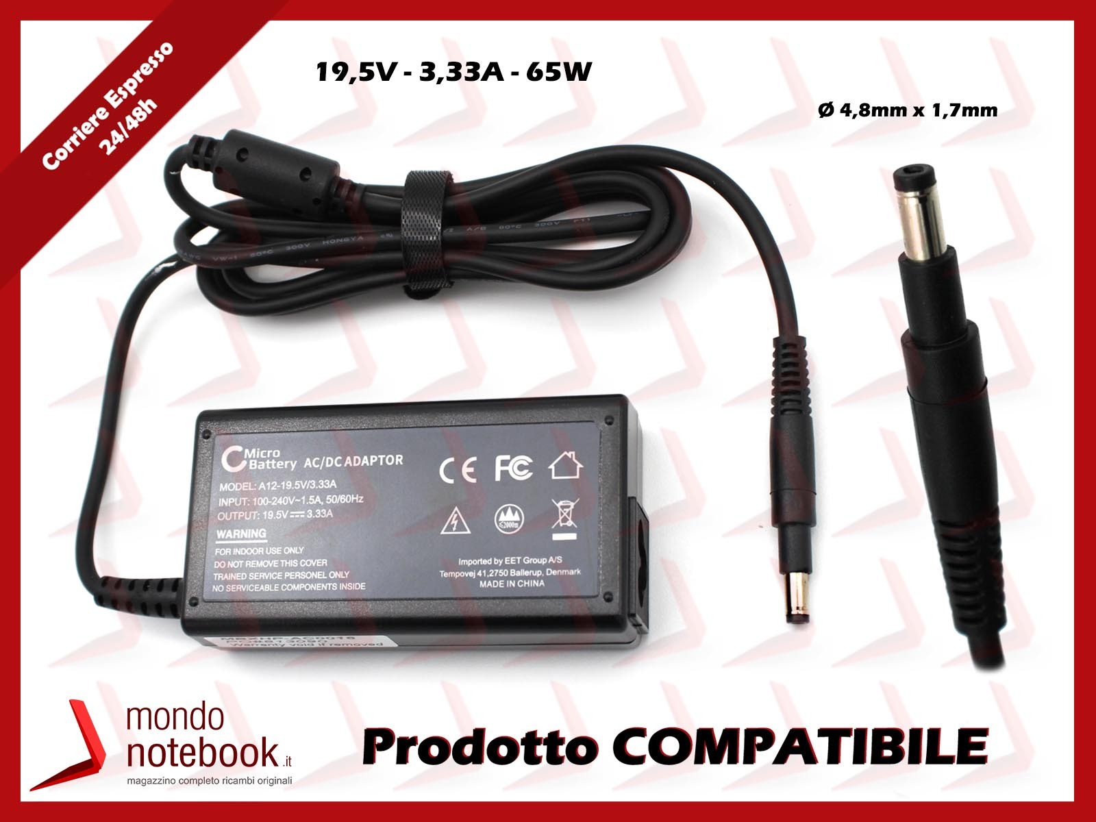 CoreParts Compatible Laptop Power Adapter 65W 19.5V 3.33A for HP 239704-001