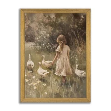 Wood Framed Canvas Wall Art, Vintage Girl with Ducks Painting Poster, Country...