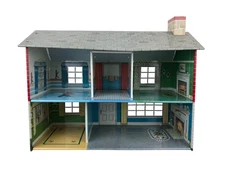 Vtg Marx Doll House 1960's Tin Litho Metal Colonial 2 Story Red & White Brick