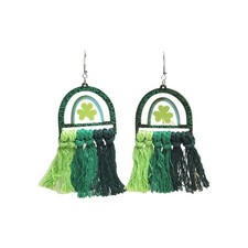 New Green Shamrock Wood Cat Print Tassel St. Patrick's Day Earrings Statement