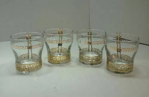 4 Vintage Libbey Gold Greek Key Glass Continental Coffee Cups w/ Metal Holders