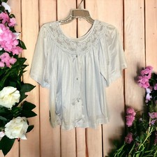 Vintage Gilead Bed Jacket Light Blue Lace Neckline Short Sleeves Size Small