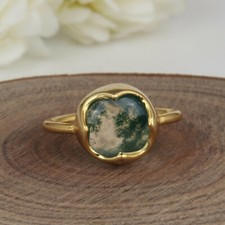 18k Gold Plated 925 Sterling Silver Flower Ring With Moss Agate Gemstone Jewelry