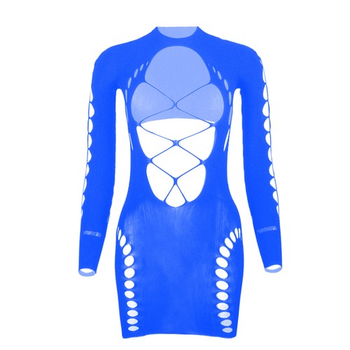 Womens Sheer Fishnet Hollow Out Long Sleeve Bodycon Lingerie Dress Mini Dress - Picture 52 of 72