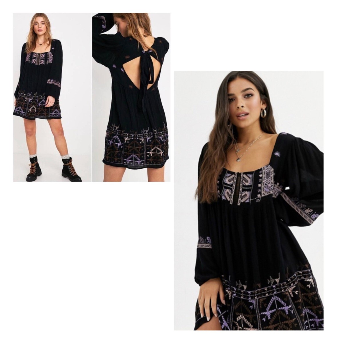 Free People Black Rhiannon Embroidered Mini Dress