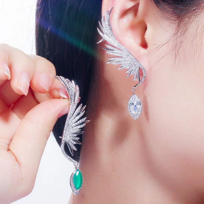 Feather Wing CZ Drop Ear Cuff Cartilage Drop Earring Green Stone for Women Party — 第 2/4 张图片