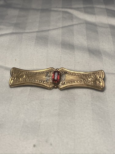 GORGEOUS DETAILED Gold Filled Bar Pin With RED STONE IN MIDDLE ^ - Picture 5 of 15