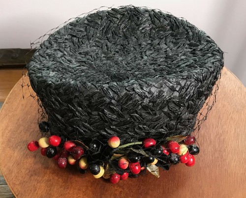 Vintage Black Rafia Pillbox Straw Hat with Cherries and Veil - Picture 2 of 12